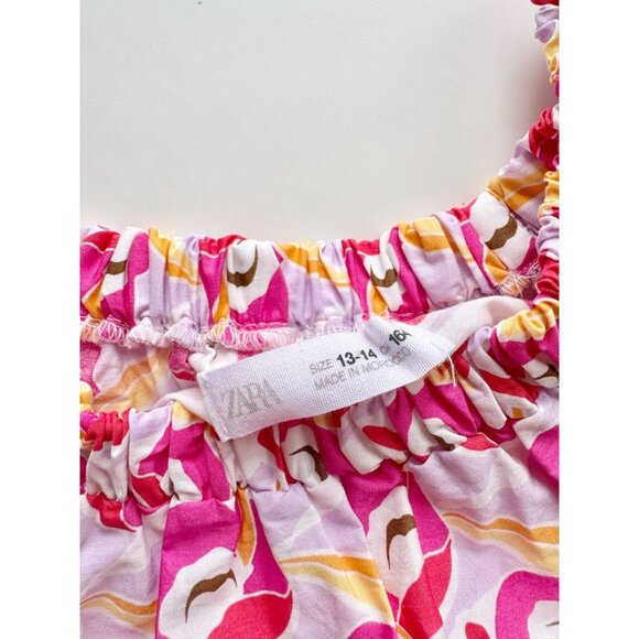 Girls' ZARA Pink Floral Cotton Poplin Puff Sleeve Tiered Dress, Size 13-14 - Picture 6 of 10